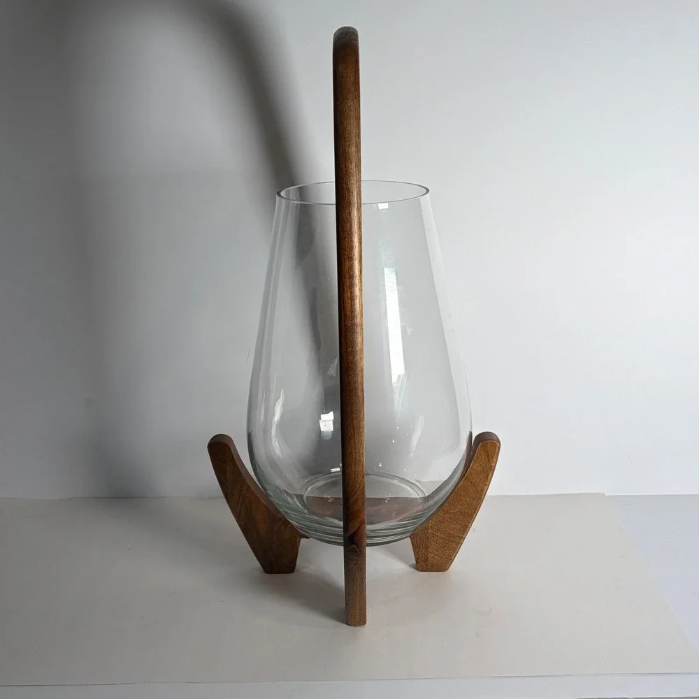 MCM Glass Hurricane Lantern Wood Arched Handle Tripod Base Decor 18